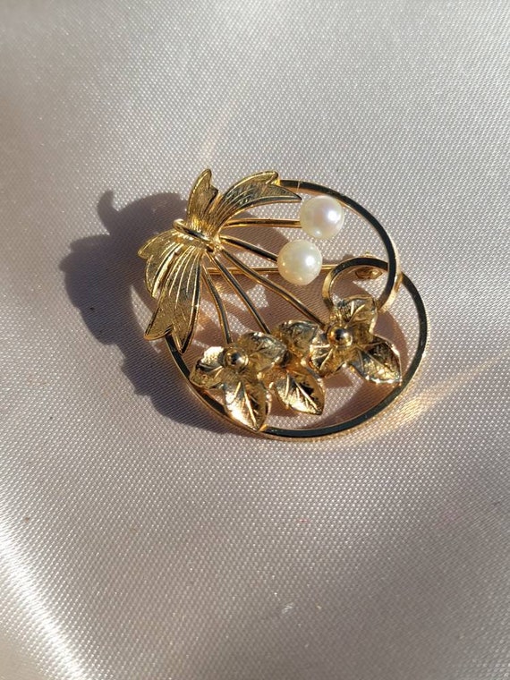 Vintage Wells Pearl 14k Gold Filled Flower Pin Bro