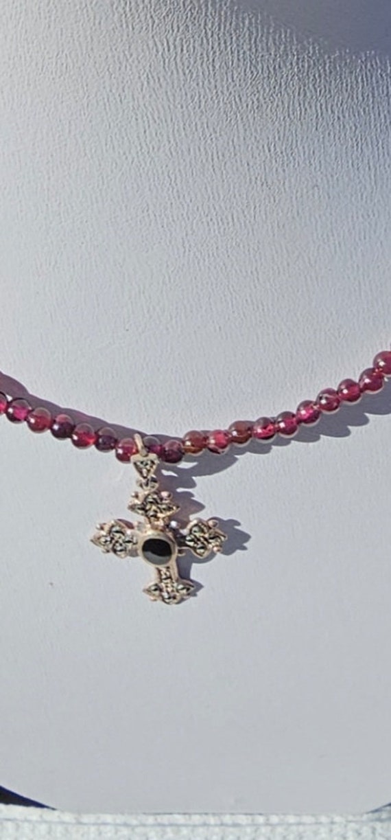 Garnet Sterling Silver Onyx Marcacite  Cross Neckl