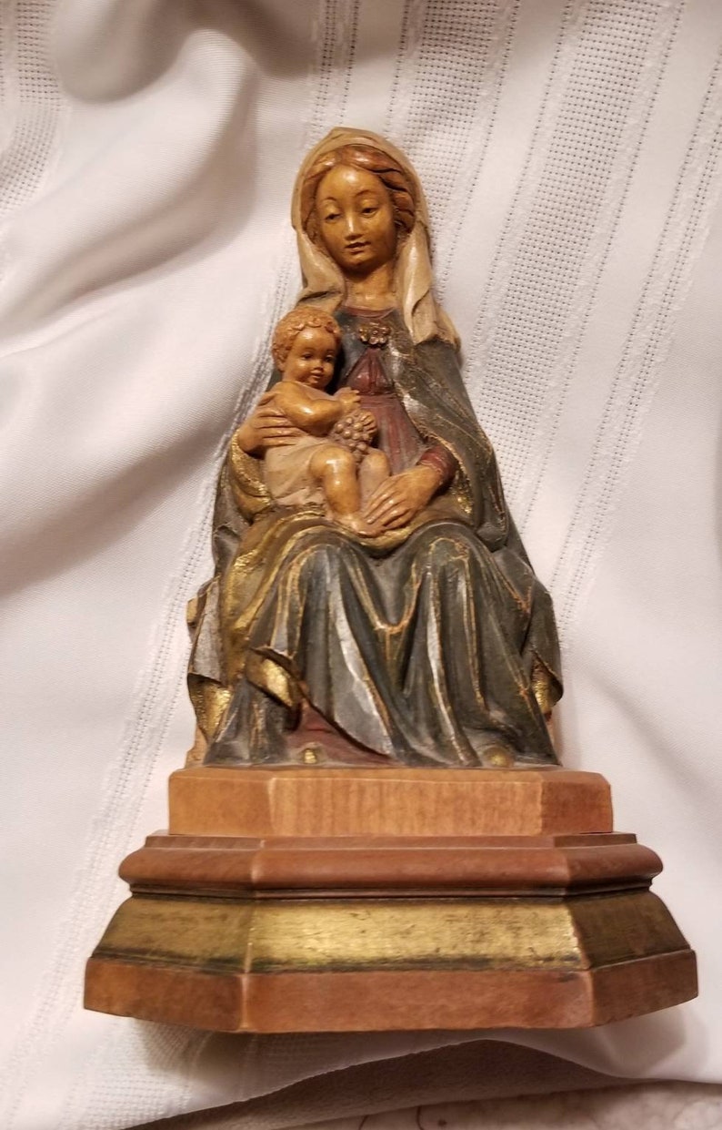 Madonna and Child Vintage Hand Carved and Painted Wood Religious Figure Italy
