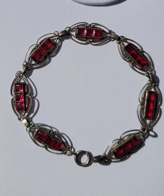 Vintage Silver and Ruby Glass Bracelet - image 1