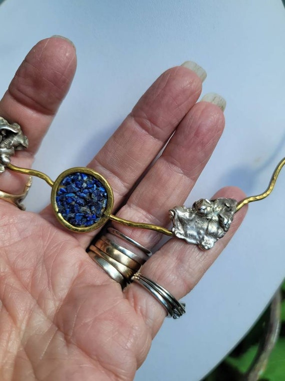 Unique Mid Century Lapis, Sterling  and Brass Nec… - image 5