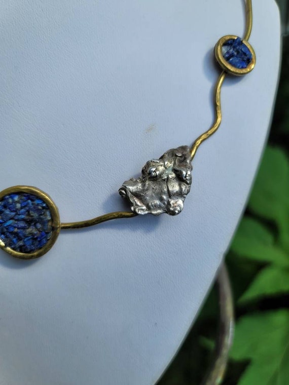 Unique Mid Century Lapis, Sterling  and Brass Nec… - image 3