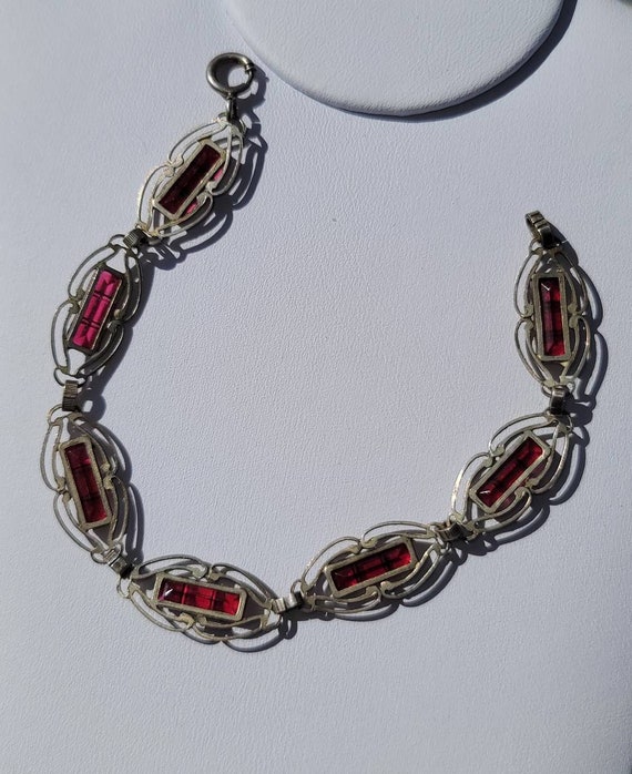 Vintage Silver and Ruby Glass Bracelet - image 3