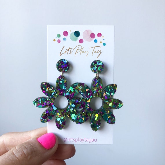 Blue Iridescent Glitter Tag Earrings Blue Iridescent Glitter Tag Earrings