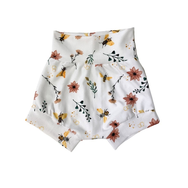 Bees and Flowers Baby Bummies, Baby Shorts, High Waisted, Wildflower and Bumblebee Bummies