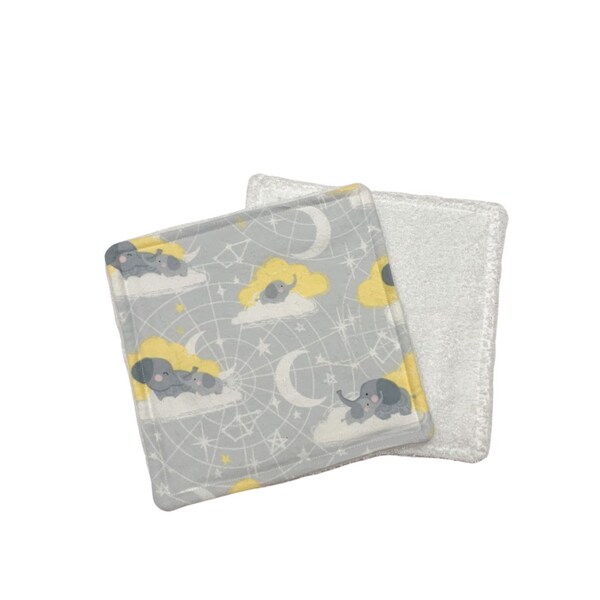 Elephants On Clouds Washcloth Set, Baby Washcloths, Gray and Yellow Washcloth Set, Set of Two Washcloths