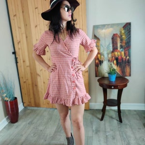 Pink plaid printed mini dress summer dress cutie ruffle sleeves and hem