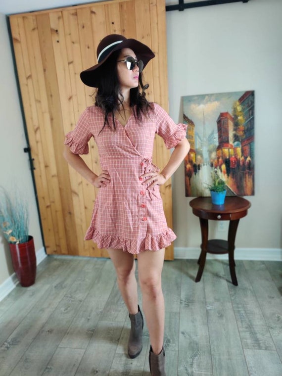 Pink Plaid Printed Mini Dress Summer Dress Cutie Ruffle Sleeves and Hem -  Etsy