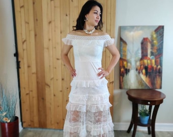 Women Dress off shoulder Bardot lace ruffle Maxi dress