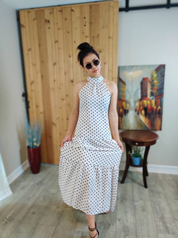 White Maxi Dress Polka-dot Printed Halterneck Sexy Dress - Etsy