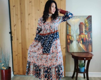 Boho jurk lange mouwen bedrukt Maxi jurk V-hals