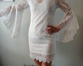 High neck white lace dress with long bell Sleeves