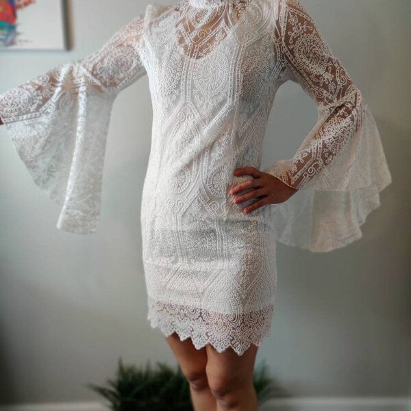 High neck white lace dress with long bell Sleeves