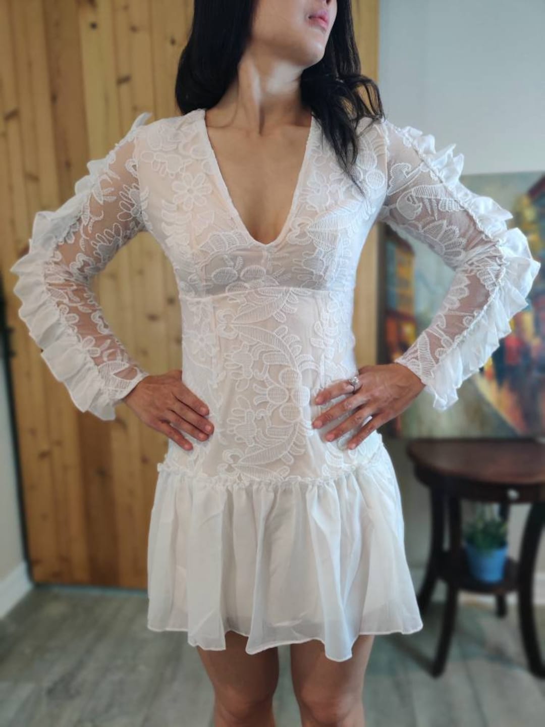 knee length dresses for ladies Claribel | Black & White Lace Long-Sleeve Mini Dress with Ruffle Hem