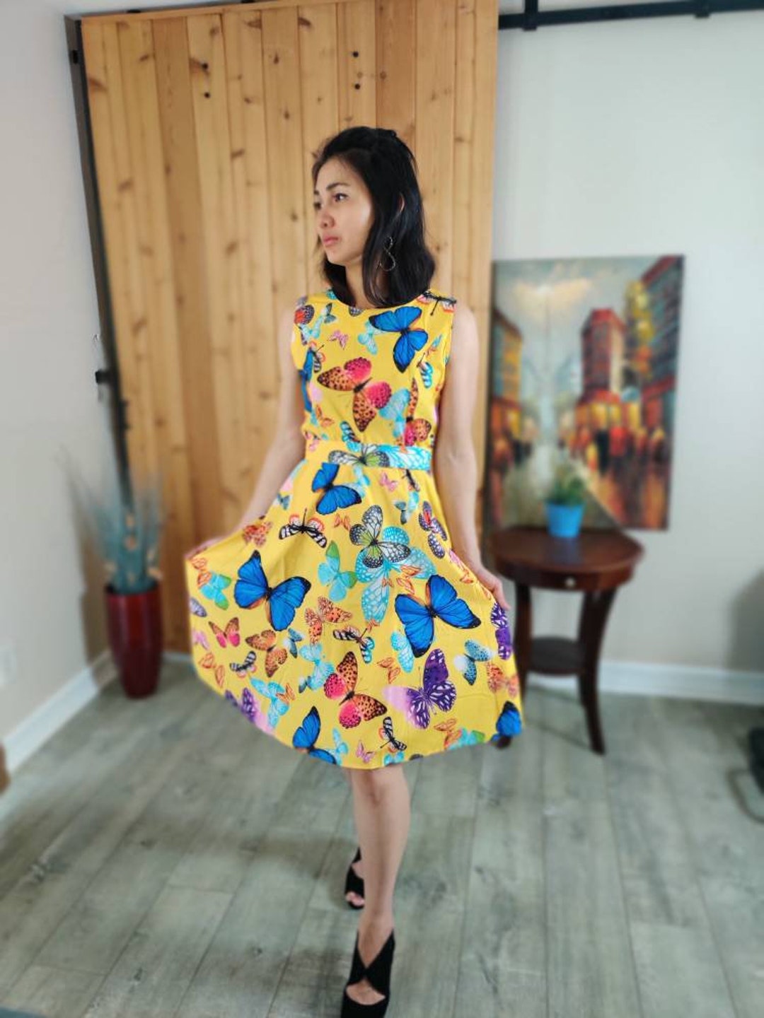 Beautiful Yellow Butterfly Printed Dress Top Tank Sleeveless