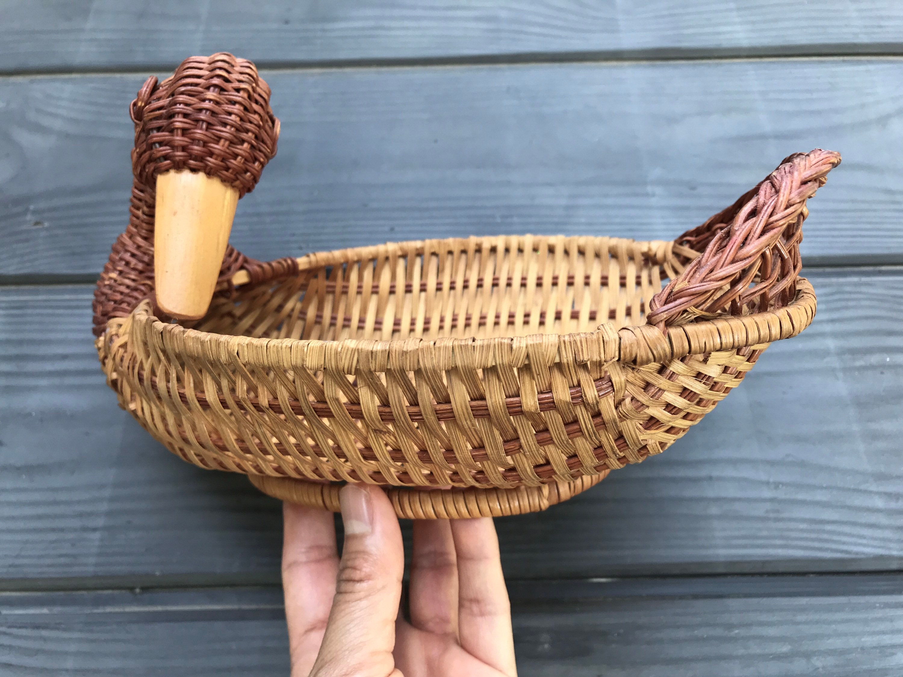 Rattan Duck Basket Vintage Woven Wicker Decoy Wooden Bird Etsy