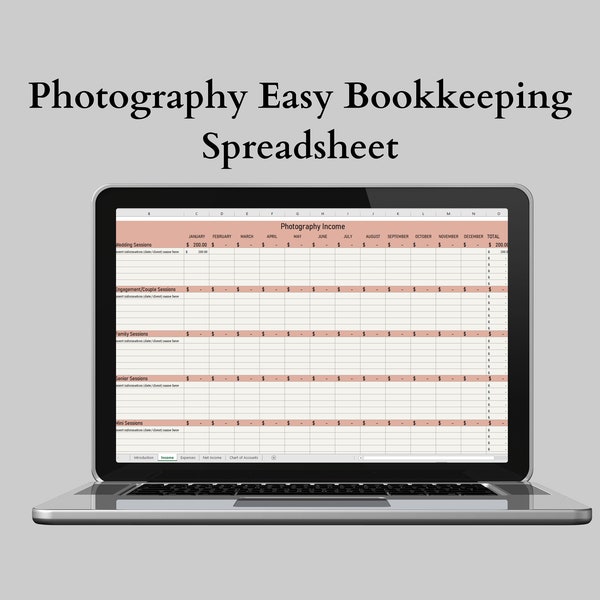 Photography Easy Bookkeeping Spreadsheet | Photography spreadsheet | Photography expense tracking | Photography excel spreadsheet