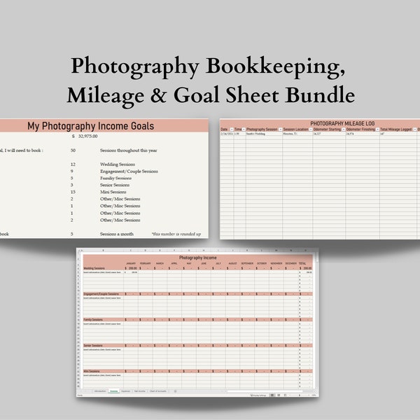 Photography Bookkeeping, Mileage & Goal Sheet Bundle
