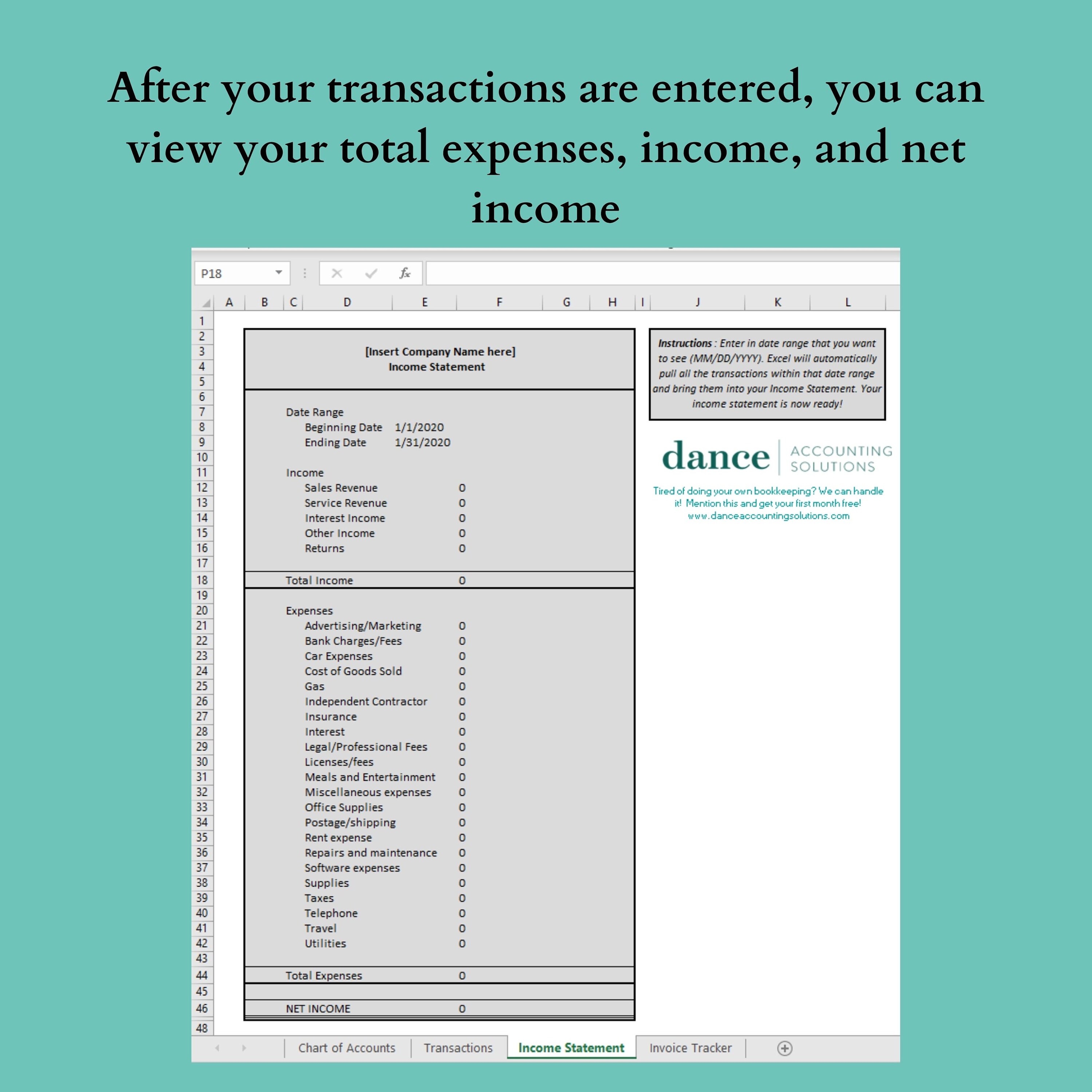 Small Business Bookkeeping Template Excel Statement (digital