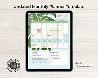 Digital Monthly Planner, Planner Template, Goodnotes Template, Undated Monthly Planner, iPad Monthly Planner