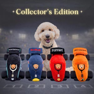 May include: Collector's Edition dog toy race cars in black, blue, red, and orange. Each car features a dog face and the numbers 8 and a paw print. The text on the cars reads "PAWTRONAS", "RedBall", "Furrari", and "McLawren". A dog is in the background.