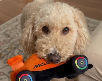 Formula Inspired Plush Dog Toy Car: Mclaren Themed Squeaky Toy