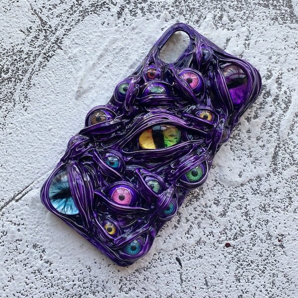 Personalisierte Handgemachte Handyhülle - 3D Gothic Dekoden-Multiples Nachtlicht Monster Augapfel - auf Bestellung für iPhone, Samsung etc.