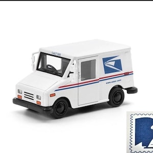 May include: A white USPS mail truck toy with black wheels, red and blue stripes, and the USPS logo. The toy has a small windshield and side mirrors. The image also includes a USPS officially licensed product stamp.