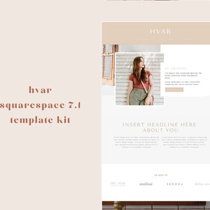 Pode incluir: Um modelo de site para Squarespace 7.1 com fundo bege e texto castanho. O texto diz "HVAR squarespace 7.1 template kit". O modelo de site apresenta uma foto de uma mulher vestindo uma camisa vermelha e cal&ccedil;as c&aacute;qui em p&eacute; em frente a uma parede de tijolos. O texto "HI FRIENDS" est&aacute; em uma caixa no lado direito da imagem. O texto diz "I'M SARAH, THE VOICEUARY BEHIND THE HVAR LIFESTYLE, FOOD AND BEAUTY BLOG. Lorem ipsum dolor sit amet, consectetur adipiscing elit, sed do eiusmod tempor incididunt ut labore et dolore magna aliqua.  LEARN MORE". O texto "INSERT HEADLINE HERE ABOUT YOU" est&aacute; em uma caixa abaixo da foto. O texto "Lorem ipsum dolor sit amet, consectetur adipiscing elit, sed do eiusmod tempor incididunt ut labore et dolore magna aliqua. Ut enim ad minim veniam, quis nostrud exercitation ullamco laboris nisi ut aliquip ex ea commodo consequat." est&aacute; abaixo do t&iacute;tulo. O texto "AS SEEN IN" est&aacute; em uma caixa abaixo do texto. O texto "DEL MAR, montreal, SEDONA, dollar rows" est&aacute; abaixo do texto "AS SEEN IN".