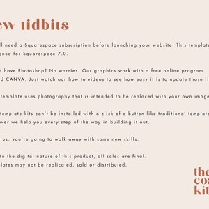 May include: A beige graphic with the text "few tidbits" in brown. The text describes a Squarespace template, mentioning Canva and the need for a Squarespace subscription. The bottom right corner features "the coast kit" logo.