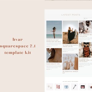 Pode incluir: Uma captura de tela de um site que mostra um layout de postagem de blog com um cabe&ccedil;alho que diz "POSTAGENS MAIS RECENTES". As postagens do blog s&atilde;o exibidas em um formato de grade com imagens e t&iacute;tulos. Os t&iacute;tulos incluem "Benef&iacute;cios da &aacute;gua salgada para a pele", "Minhas tend&ecirc;ncias de moda previstas para 2021", "Meus favoritos de beleza do dia a dia", "Dicas de beleza limpas", "Meu kit de maquiagem essencial" e "Minhas 5 pe&ccedil;as de roupa essenciais sem as quais n&atilde;o posso viver".