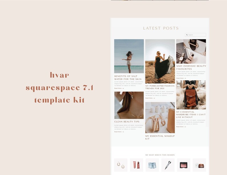 Pode incluir: Uma captura de tela de um site que mostra um layout de postagem de blog com um cabe&ccedil;alho que diz "POSTAGENS MAIS RECENTES". As postagens do blog s&atilde;o exibidas em um formato de grade com imagens e t&iacute;tulos. Os t&iacute;tulos incluem "Benef&iacute;cios da &aacute;gua salgada para a pele", "Minhas tend&ecirc;ncias de moda previstas para 2021", "Meus favoritos de beleza do dia a dia", "Dicas de beleza limpas", "Meu kit de maquiagem essencial" e "Minhas 5 pe&ccedil;as de roupa essenciais sem as quais n&atilde;o posso viver".