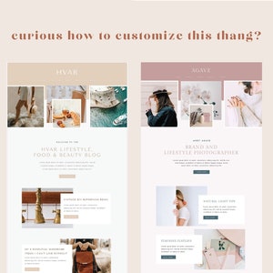 Pode incluir: Duas maquetes de sites web com um esquema de cores rosa e bege. A maquete da esquerda apresenta o texto "HVAR LIFESTYLE. FOOD & BEAUTY BLOG" e a maquete da direita apresenta o texto "BRAND AND LIFESTYLE PHOTOGRAPHER". Ambas as maquetes apresentam imagens de mulheres e conte&uacute;do de estilo de vida.