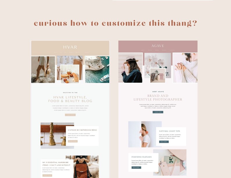 Pode incluir: Duas maquetes de sites web com um esquema de cores rosa e bege. A maquete da esquerda apresenta o texto "HVAR LIFESTYLE. FOOD & BEAUTY BLOG" e a maquete da direita apresenta o texto "BRAND AND LIFESTYLE PHOTOGRAPHER". Ambas as maquetes apresentam imagens de mulheres e conte&uacute;do de estilo de vida.