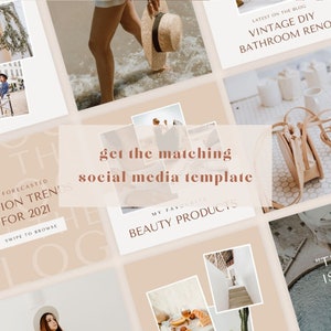 Pode incluir: Uma colagem de modelos de postagens de m&iacute;dia social com um fundo bege. O texto "get the matching social media template" est&aacute; no centro da imagem. Os modelos apresentam imagens de moda, produtos de beleza e decora&ccedil;&atilde;o de casa.