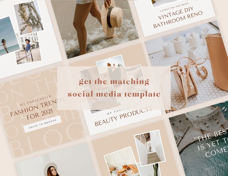 Pode incluir: Uma colagem de modelos de postagens de m&iacute;dia social com um fundo bege. O texto "get the matching social media template" est&aacute; no centro da imagem. Os modelos apresentam imagens de moda, produtos de beleza e decora&ccedil;&atilde;o de casa.