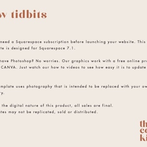 Pode incluir: Texto sobre um fundo branco que diz "few tidbits". Voc&ecirc; precisar&aacute; de uma assinatura do Squarespace antes de lan&ccedil;ar seu site. Este modelo foi projetado para o Squarespace 7.1. N&atilde;o tem Photoshop? N&atilde;o se preocupe. Nossos gr&aacute;ficos funcionam com um programa online gratuito chamado CANVA. Basta assistir aos nossos v&iacute;deos de instru&ccedil;&otilde;es para ver o qu&atilde;o f&aacute;cil &eacute; atualizar esses arquivos. Este modelo usa fotografia que se destina a ser substitu&iacute;da por suas pr&oacute;prias imagens. Devido &agrave; natureza digital deste produto, todas as vendas s&atilde;o finais. Os modelos n&atilde;o podem ser replicados, vendidos ou distribu&iacute;dos. O texto "the coast kit" est&aacute; em uma fonte marrom com uma linha ondulada abaixo da palavra "kit".