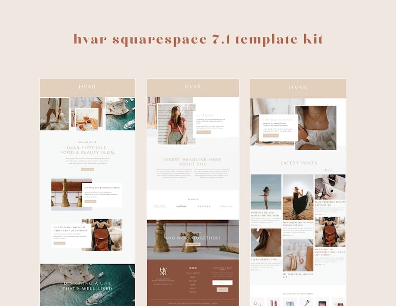 Pode incluir: Um modelo de site Squarespace 7.1 para um blog de estilo de vida com foco em comida e beleza. O modelo tem um design limpo e moderno com uma paleta de cores neutras. O site inclui um cabe&ccedil;alho com o nome "HVAR" e um slogan "HVAR LIFESTYLE FOOD & BEAUTY BLOG". O site tamb&eacute;m inclui uma se&ccedil;&atilde;o com o texto "INSERT HEADLINE HERE ABOUT YOU" e uma se&ccedil;&atilde;o com o texto "LATEST POSTS".