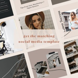 May include: A collection of social media templates with a neutral color palette. The templates feature images of people, text overlays, and design elements. Text includes "Stop waiting for", "Latest Success Stories", and "get the matching social media template".