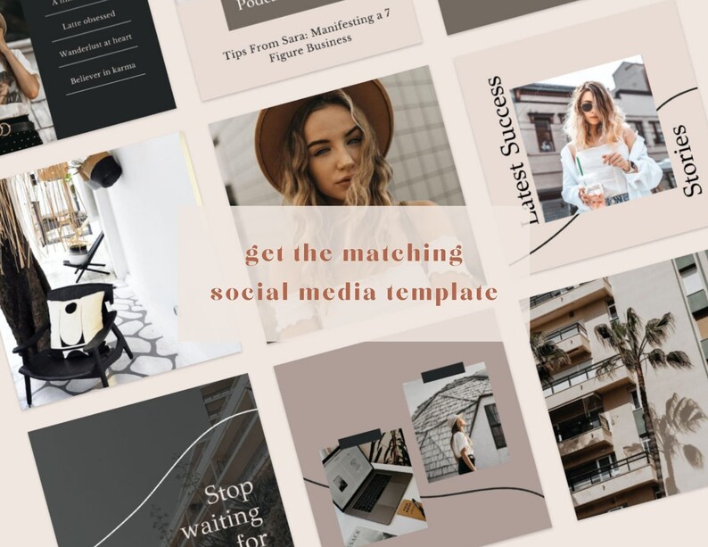 May include: A collection of social media templates with a neutral color palette. The templates feature images of people, text overlays, and design elements. Text includes "Stop waiting for", "Latest Success Stories", and "get the matching social media template".