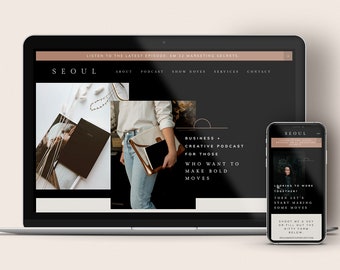 May include: A laptop and a smartphone displaying a website for a business and creative podcast called "Seoul". The website features a black background with white text and images of a woman holding a notebook and a woman with a microphone.