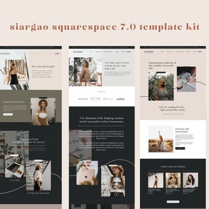 May include: A digital template kit for Squarespace 7.0, featuring three website layout examples. The design showcases a neutral color palette with images and text, including the words "siargao" and "squarespace 7.0 template kit."