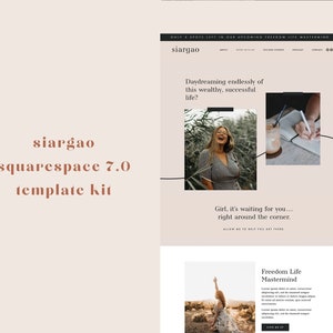 May include: A website template kit for Squarespace 7.0, with the name "siargao" in a soft brown font. The website design features a light beige background with images and text, including the phrase "Daydreaming endlessly of this wealthy, successful life?"