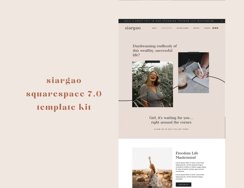 May include: A website template kit for Squarespace 7.0, with the name "siargao" in a soft brown font. The website design features a light beige background with images and text, including the phrase "Daydreaming endlessly of this wealthy, successful life?"