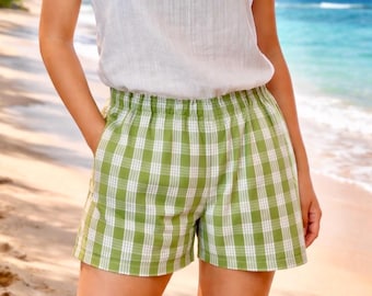 High-Rise Palaka Check Women’s Summer Shorts / Plaid pattern / comfortable relaxed fit