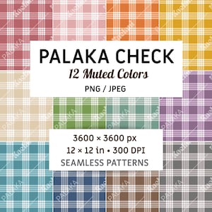 May include: A digital collection of 12 seamless Palaka check patterns in muted colors. The image displays a grid of plaid designs in shades of red, pink, orange, yellow, beige, green, teal, purple, blue, brown, and gray with white lines.