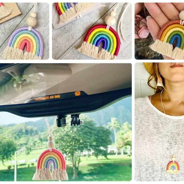 Rainbow Macrame Car Charm Etsy