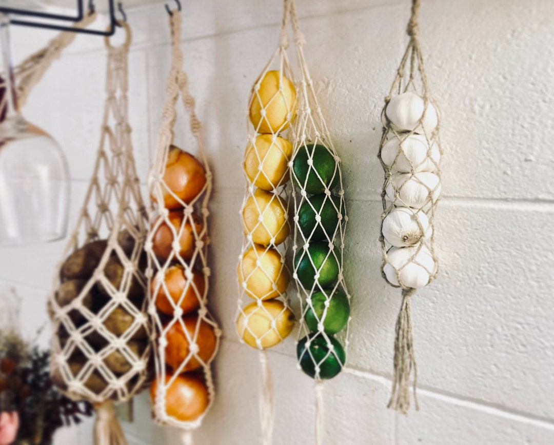 Macrame garlic lemon (S size) orange onion (L size) hanging bag / Macrame Fruit storage - Black, S size - Short