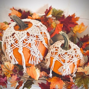 May include: Two pumpkins decorated with crocheted lace. The larger pumpkin is orange and the smaller pumpkin is a lighter orange. The pumpkins are surrounded by fall leaves.