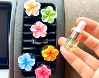 2 Pack Plumeria Flower Car Diffuser + 1 Mini Oil Bottle / Natural Essential Oil Blend / Car Air Freshener